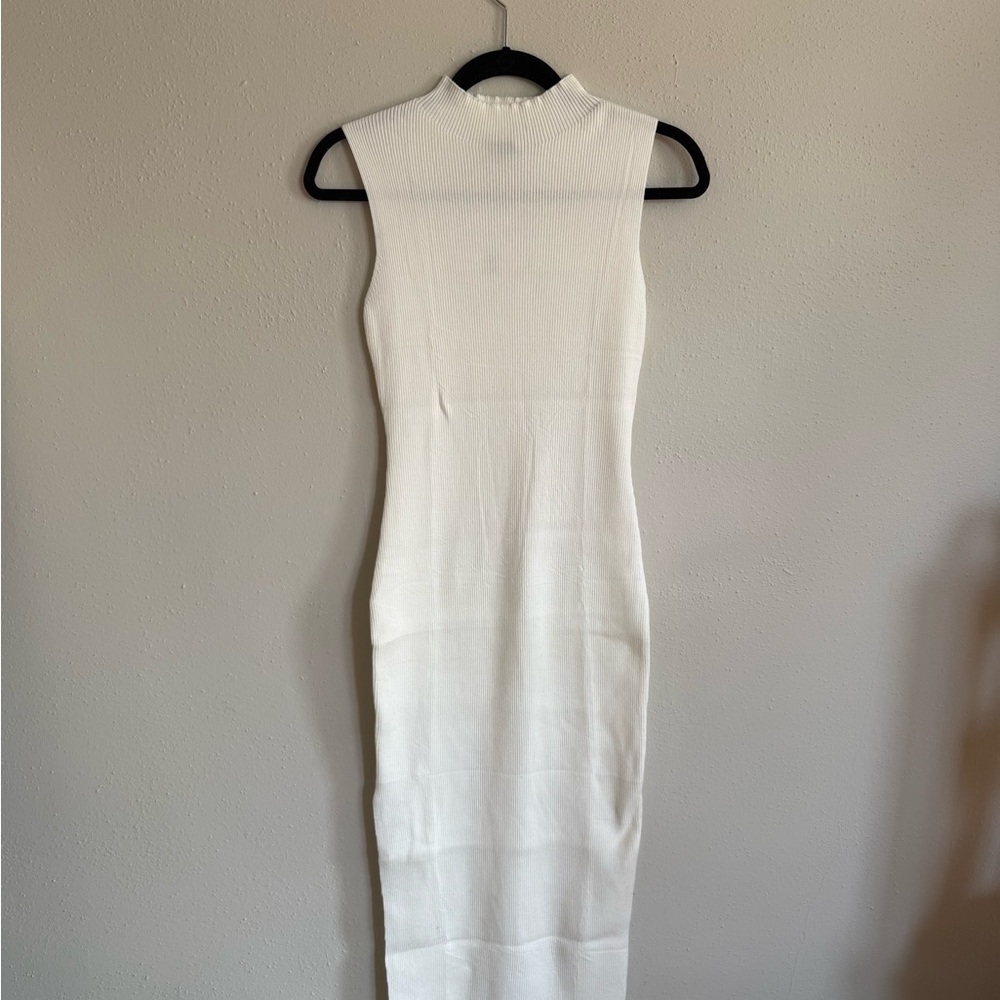 Sleek White Ribbed Mock-Neck Maxi Dress